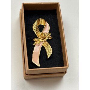 AVON Gold & Pink Awareness Ribbon Pin With Rose In Gift Box